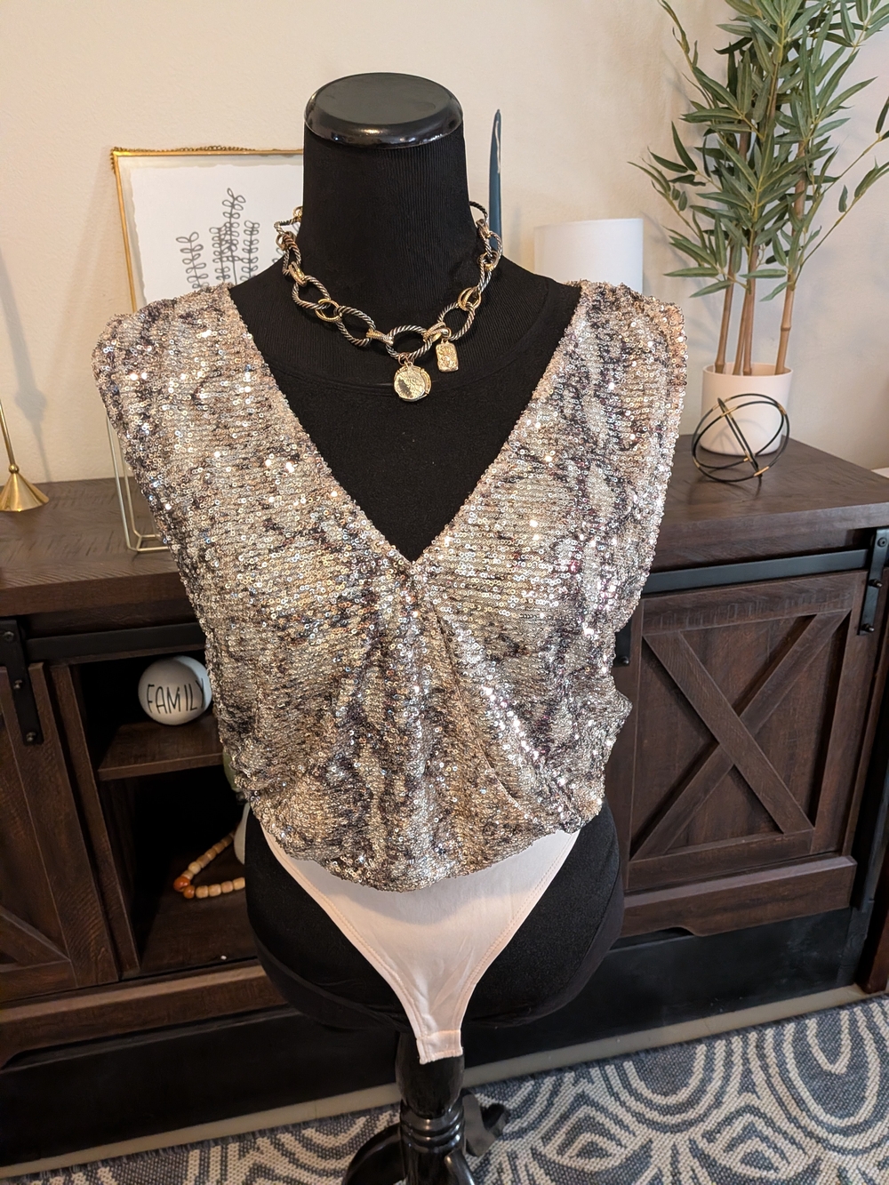 Metallic Silver Sequin V-Neck Women’s Bodysuit
